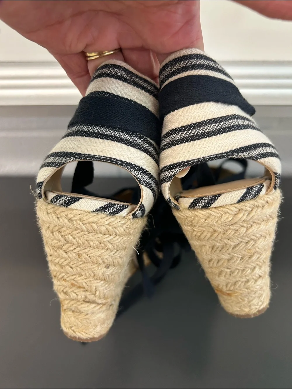 J.Crew Striped Espadrille Wedge Ankle-Tie Sandals - Black & White 9.5